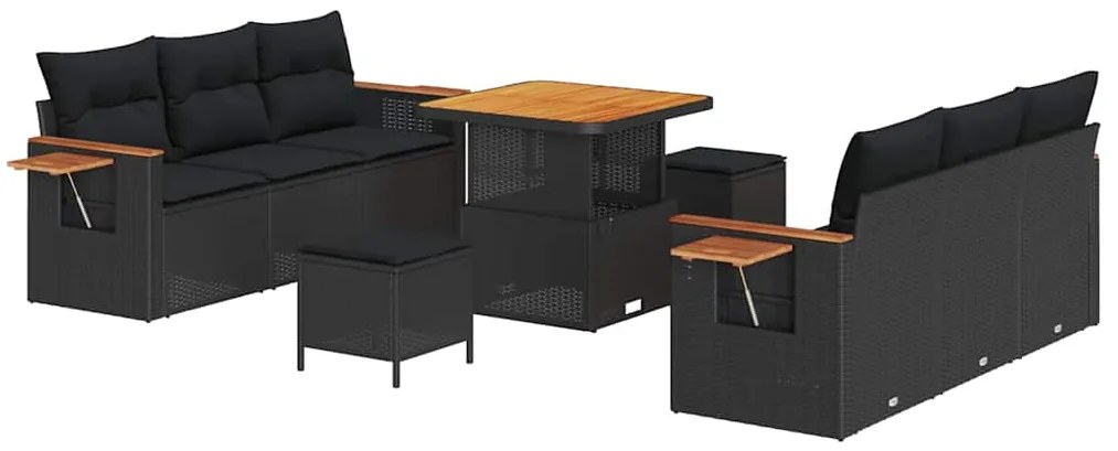 vidaXL 9 Τεμαχίων Σετ Σαλονιού Κήπου Με Μαξιλάρια Μαύρο Πολυ Ράφτινγκ Ξύλου Ακακίας