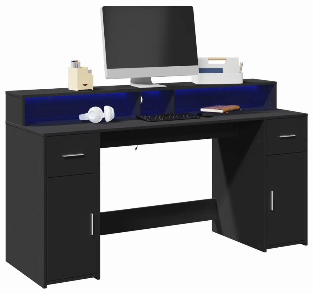 Γραφείο με LED Μαύρο 160x55x91 εκ. από Επεξεργασμένο Ξύλο