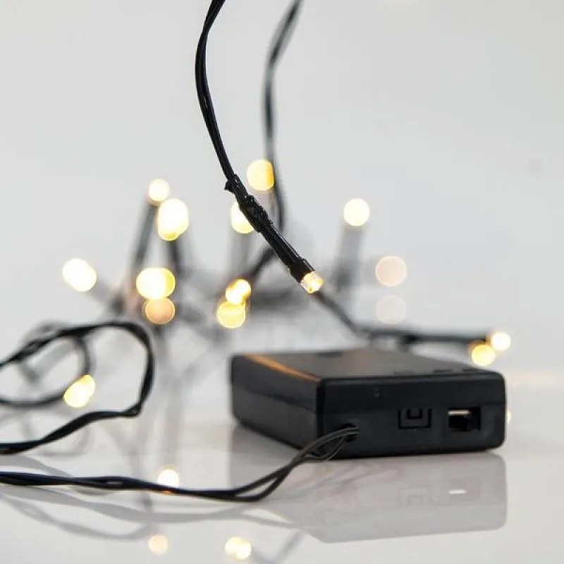 Eurolamp Σειρά 20 LED 5mm Θερμό Λευκό Ωφέλιμο 1.9m Σταθερά ΙΡ20 Πράσινο Καλώδιο Μπαταρίας 600-11141