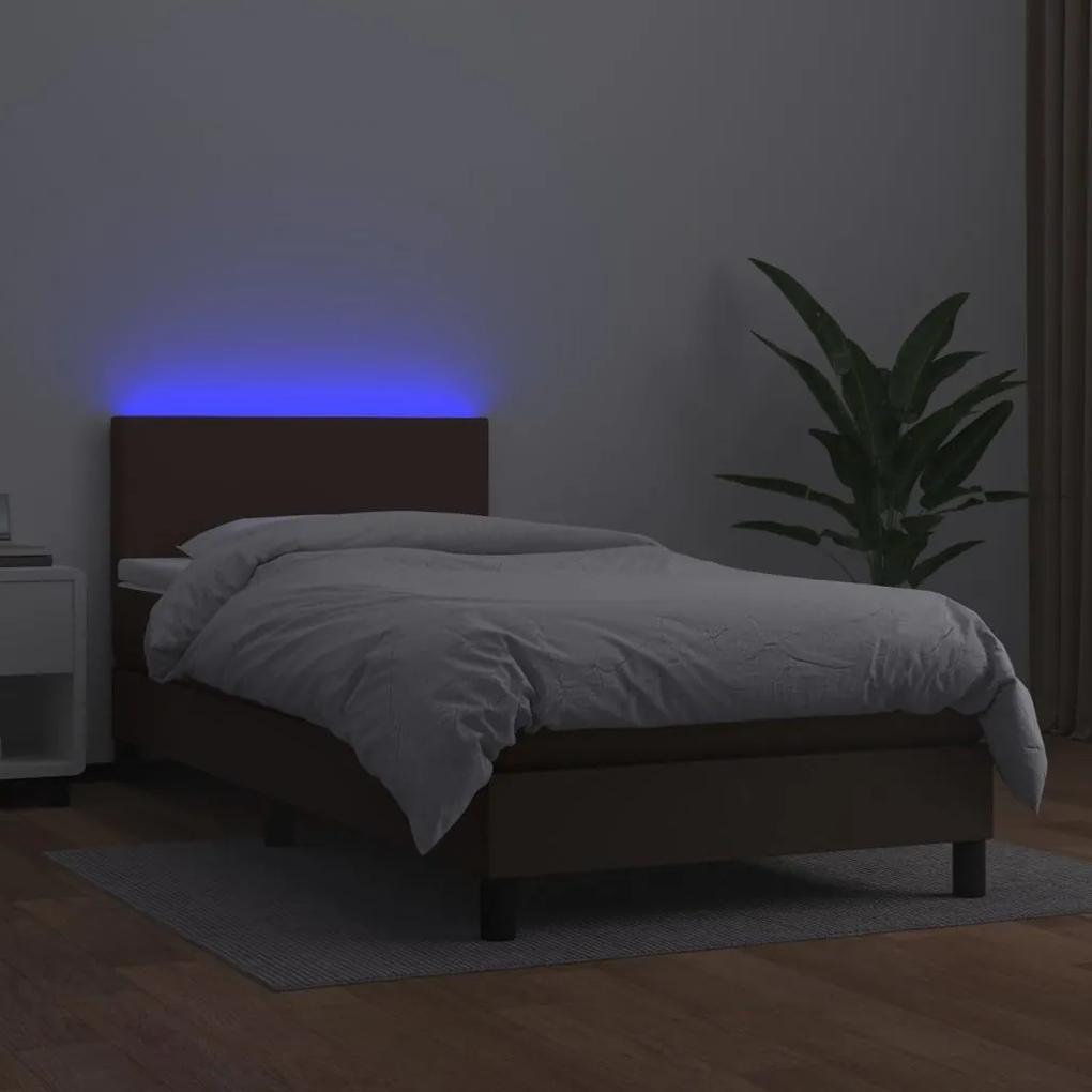 Κρεβάτι Boxspring με Στρώμα &amp; LED Καφέ 90x200 εκ. Συνθ. Δέρμα - Καφέ