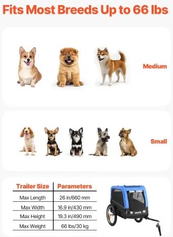 VEVOR Dog Bike Trailer, Supports up to 30 kg, Pet Cart Bicycle Carrier for Small &amp; Medium Dogs, Easy Folding Frame with Quick Release Wheel, Universal Bicycle Coupler, Reflector, Flag, Internal Leash