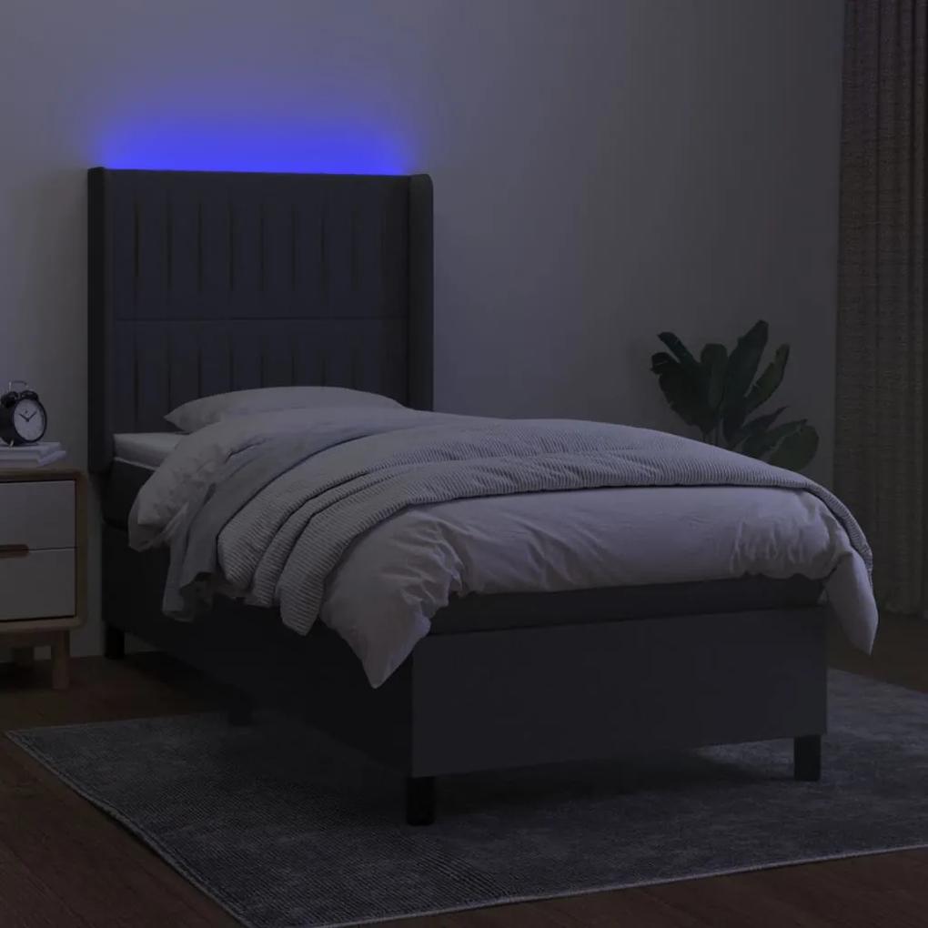 vidaXL Κρεβάτι Boxspring με Στρώμα & LED Σκ.Γκρι 90x200 εκ. Υφασμάτινο