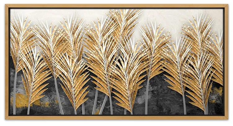 Πίνακας σε καμβά "Gold Leaves" Megapap ψηφιακής εκτύπωσης με κορνίζα χρώμα χρυσό 140x70x3εκ. - 0241215