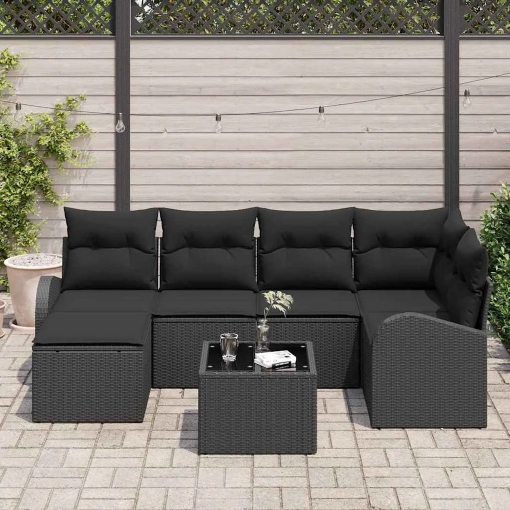 vidaXL Σετ Καναπέ Κήπου με μαξιλάρι 7 pcs Μαύρο Πολυ ράταν