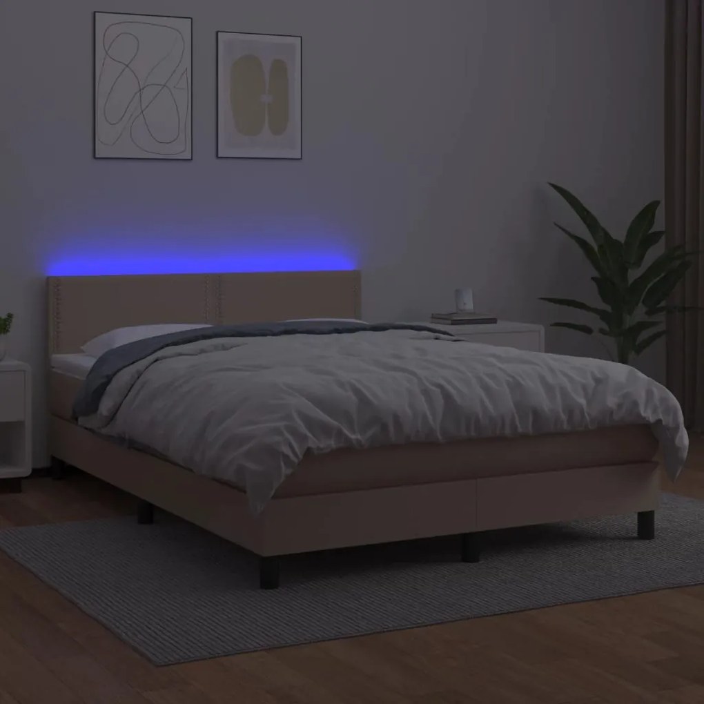 Κρεβάτι Boxspring Στρώμα&amp;LED Καπουτσίνο 140x200 εκ. Συνθ. Δέρμα - Καφέ