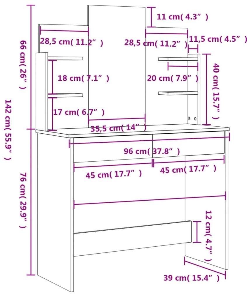 Μπουντουάρ με Καθρέφτη Γκρι Sonoma 96 x 39 x 142 εκ. - Γκρι