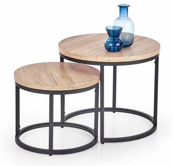 Σετ τραπεζιών περιοδικών Houston 951, San remo δρυς, Μαύρο, 45cm, Ινοσανίδες μέσης πυκνότητας, Φυσικό ξύλο καπλαμά, Στρόγγυλος