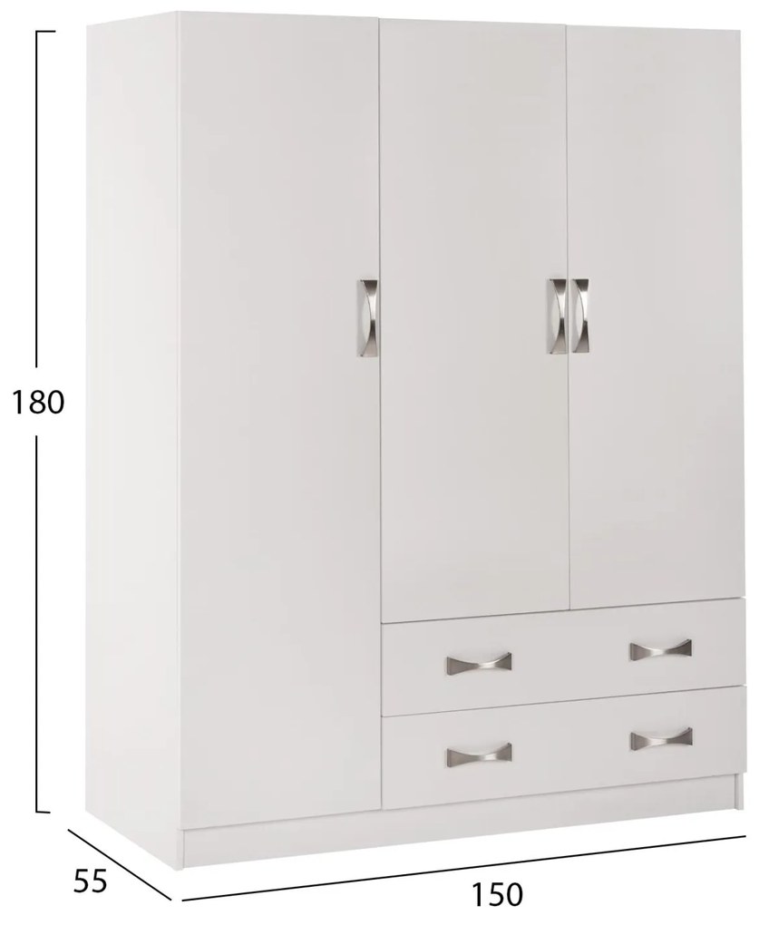 Ντουλάπα CARLY Τρίφυλλη με 2 Συρτάρια Λευκή 150x55x180Υεκ. 150x55x180 εκ.