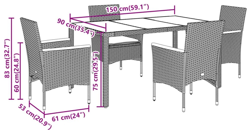vidaXL Σετ Τραπεζαρίας Κήπου 5 τεμ. Γκρι Συνθ.Ρατάν/Γυαλί με Μαξιλάρια