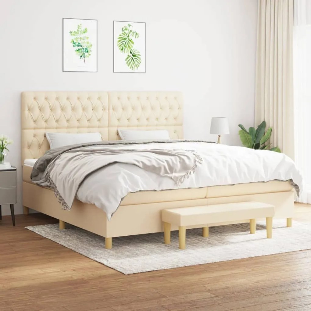 Κρεβάτι Boxspring με Στρώμα Κρεμ 200x200 εκ. Υφασμάτινο - Κρεμ