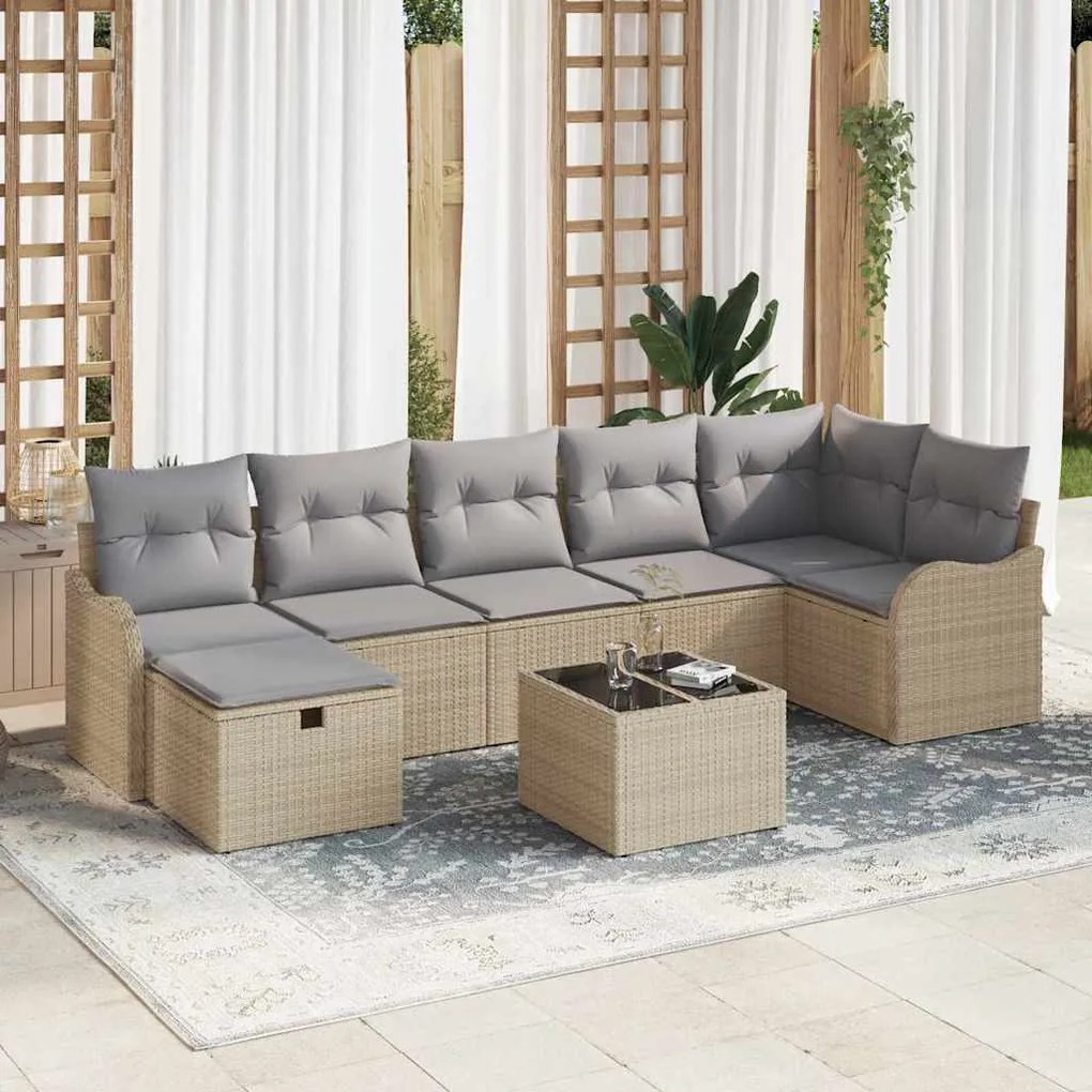 vidaXL Σετ Καναπέ Κήπου με μαξιλάρι 8 pcs Μπεζ Πολυ ράταν