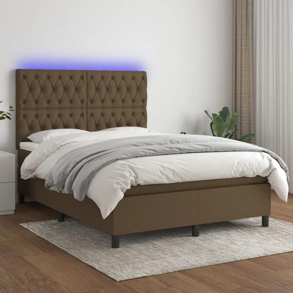 3135112 vidaXL Κρεβάτι Boxspring με Στρώμα &amp; LED Σκ.Καφέ 140x190εκ. Υφασμάτινο Καφέ, 1 Τεμάχιο