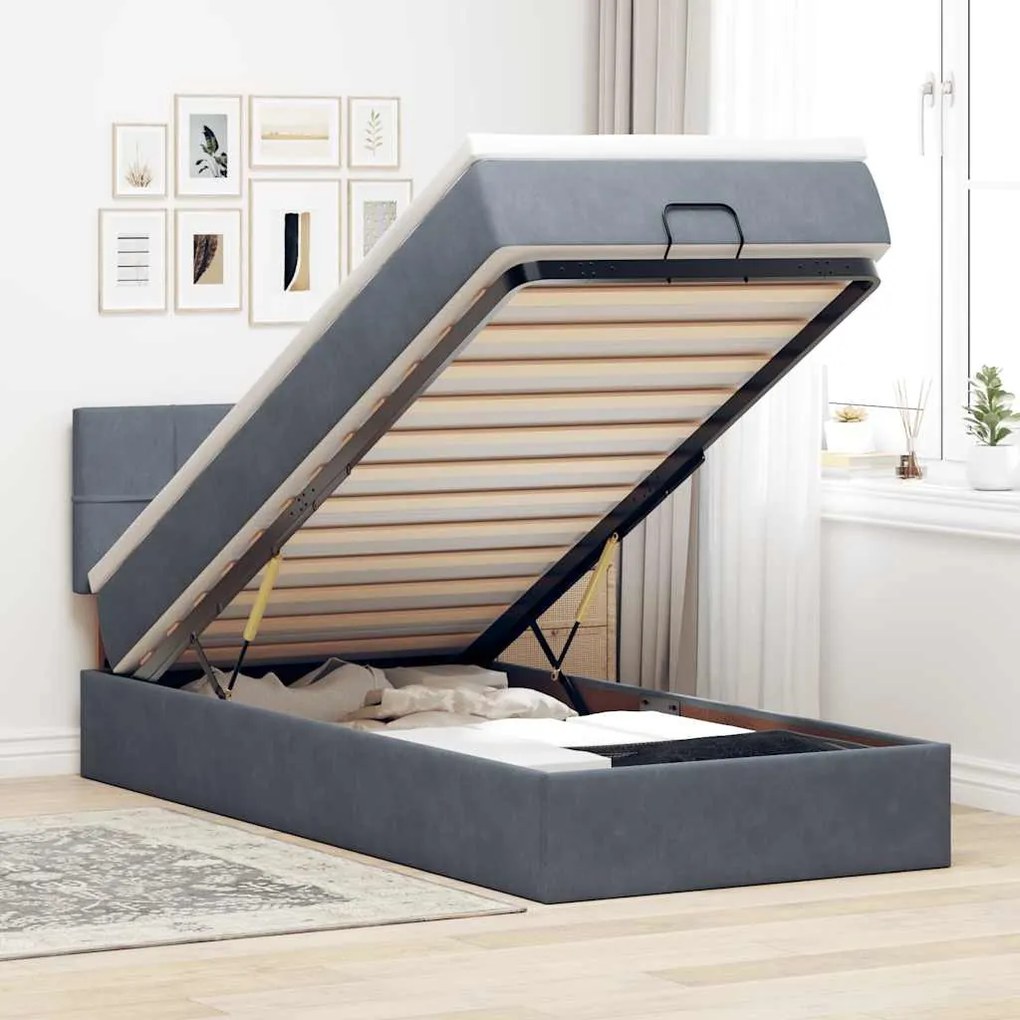 vidaXL Οθωμανικό κρεβάτι με στρώμα&amp;LEDs Σκούρο γκρι 100x200cm Βελούδο