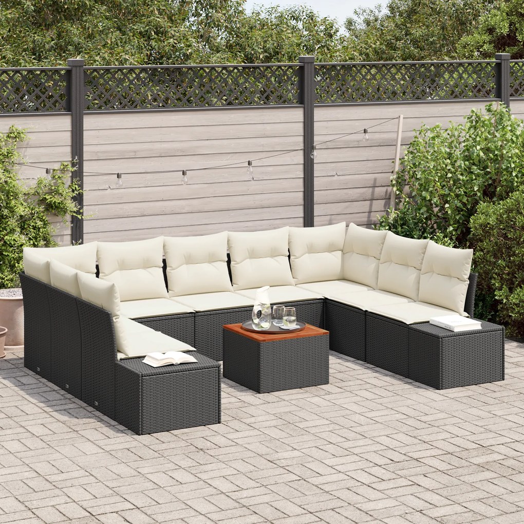 vidaXL Σετ Καναπέ Κήπου 10 pcs Μαύρος, λευκός Ρατάν, πολυεστέρας