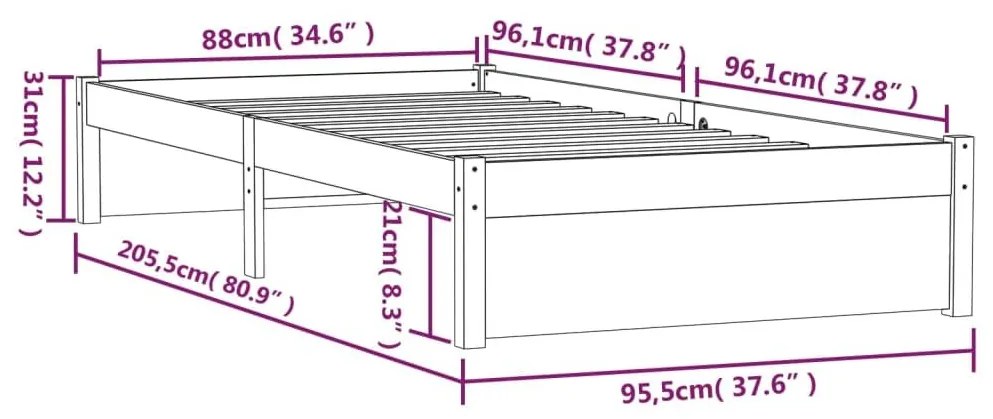 Πλαίσιο Κρεβατιού 90 x 200 εκ. από Μασίφ Ξύλο - Καφέ