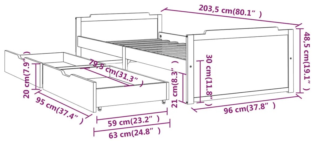 Πλαίσιο Κρεβατιού με Συρτάρια 90 x 200 εκ. Μασίφ Ξύλο Πεύκου - Καφέ