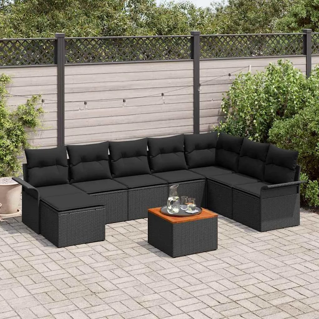 vidaXL Set κήπου 9 τεμαχίων  με μαξιλάρια, μαύρο πολυ-ρατάν.