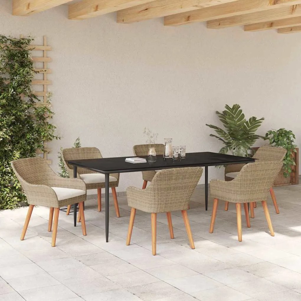 vidaXL Σέτ φαγητού για κήπο με μαξιλάρι 7 pcs Μπεζ συνθετικό ρατάν