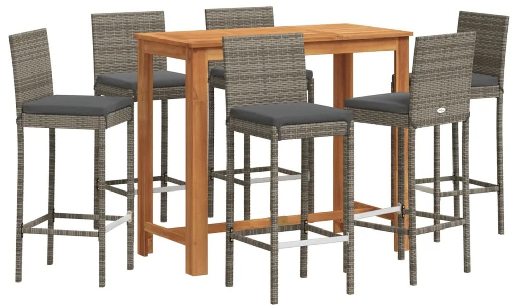 vidaXL Σετ Μπαρ Κήπου 7 Τεμ. Γκρι Μασίφ Ξύλο Ακακίας και Συνθ. Ρατάν