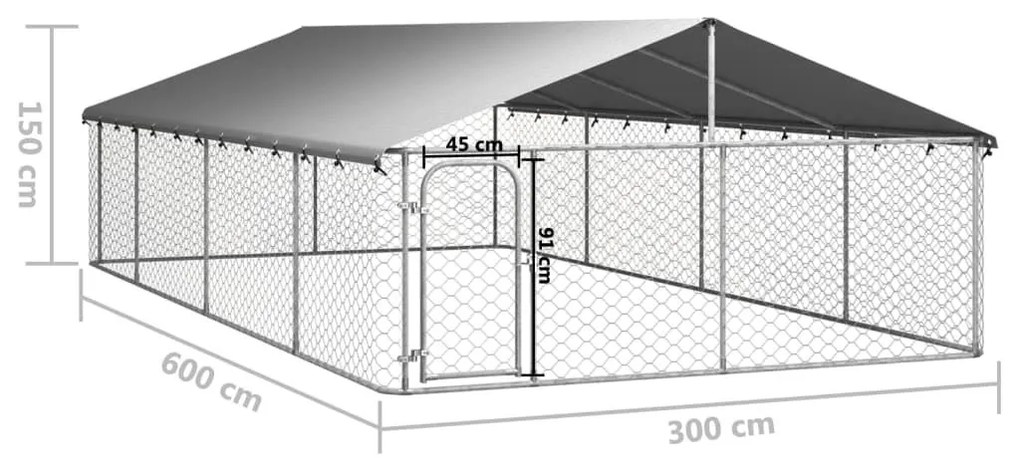 Κλουβί Σκύλου Εξωτερικού Χώρου 600 x 300 x 150 εκ. με Στέγαστρο - Ασήμι