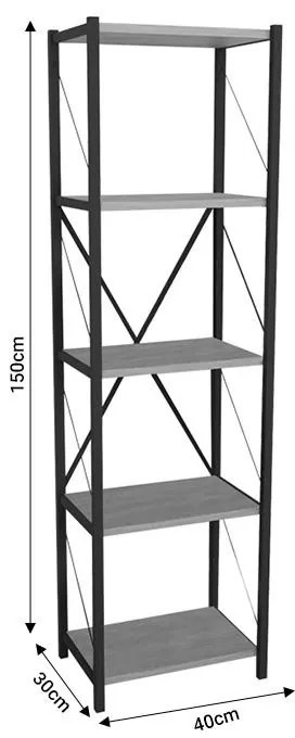 Βιβλιοθήκη Glase oak μελαμίνης-μαύρο μέταλλο 40x30x150εκ 40x30x150 εκ.