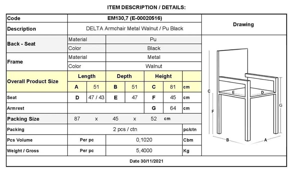 Πολυθρόνα 25x25mm DELTA Μεταλ.Καρυδί/PU Μαύρο (Σετ 2 ΤΕΜ)