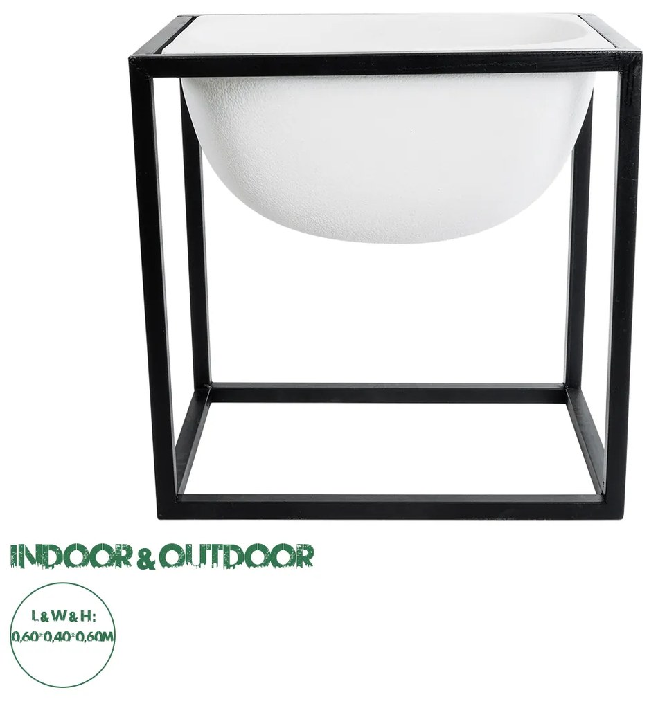 GloboStar® Artificial Garden FIORI 20754 Επιδαπέδιο Μεταλλικό Τσιμεντένιο Κασπώ Γλάστρα - Flower Pot Λευκό με Μαύρο Μ60 x Π40 x Υ60cm