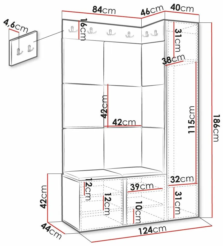 Σετ διαδρόμου Hartford 385, 186x124x46cm, Τυρκουάζ, Μαύρο, Ινοσανίδες μέσης πυκνότητας, Πλαστικοποιημένη μοριοσανίδα, Ταπισερί, Εντοιχισμένη, Τοίχου