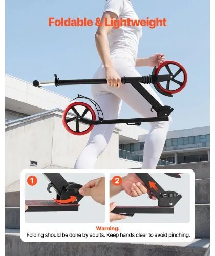 VEVOR Kick Scooter for Kids Ages 8+, Teens &amp; Adults, 2-Wheel Toddler Scooter with Adjustable Height Handlebar, Wide Anti-Slip Deck, Foldable Lightweight for Boys &amp; Girls up to 99.8 kg, Black + Red