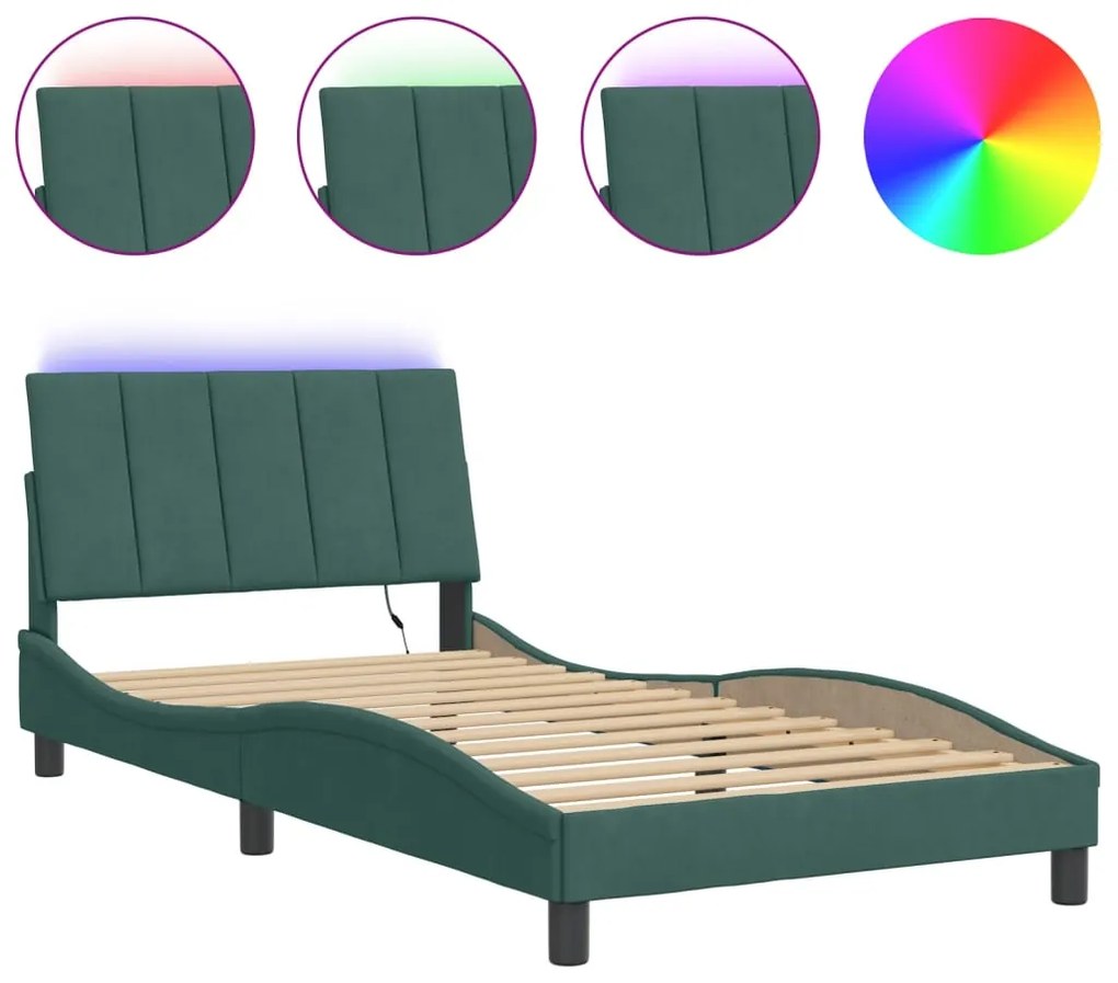 vidaXL Πλαίσιο Κρεβατιού με LED χωρίς Στρώμα Hanko Σκούρο Πράσινο 100x200 εκ. Βελούδινο