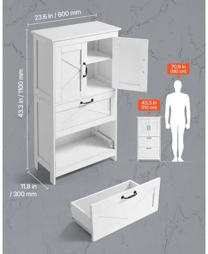 VEVOR Wooden Bathroom Floor Cabinet Storage 2 Drawers and Adjustable Shelf White