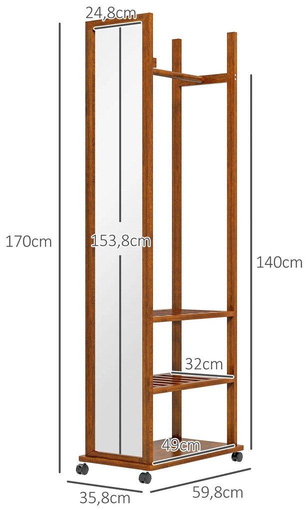 HOMCOM Καθρέφτης 2-σε-1, Καθρέφτης Ολόσωμος, Ντουλάπα, 1 Κρεμάστρα, 3 Ράφια, 35,8 x 59,8 x 170 cm, Φυσικό