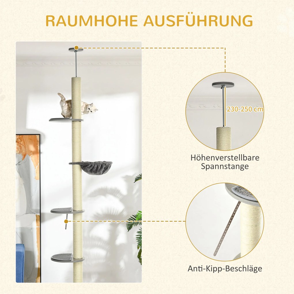 PawHut Ορθοστάτης για γάτες με αιώρα, με ελατήριο οροφής, ύψος οροφής, 40 εκ. x 40 εκ. x 250 εκ., Γκρι + Κρεμ