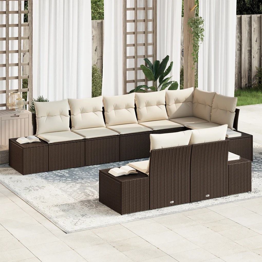 vidaXL Set σαλονιού κήπου 8 τεμαχίων με μαξιλάρια καφέ πολυουρεθάνη