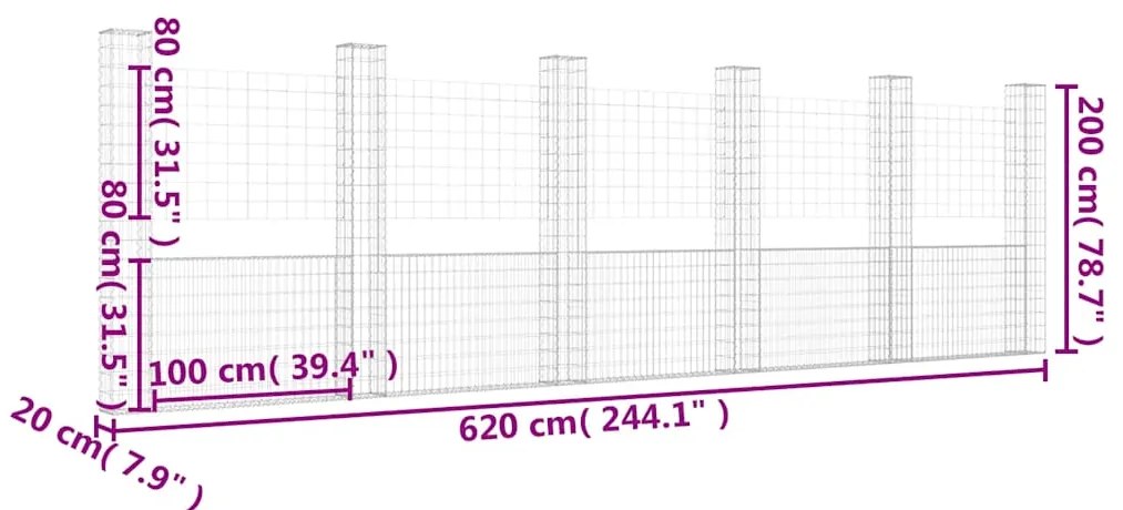 vidaXL Συρματοκιβώτιο σε U Σχήμα με 6 Στύλους 620x20x200 εκ. Σιδερένιο