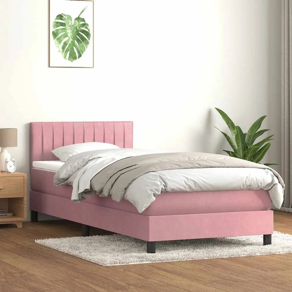 Κρεβάτι Boxspring με Στρώμα Ροζ 90x220 εκ. Βελούδινο - Ροζ