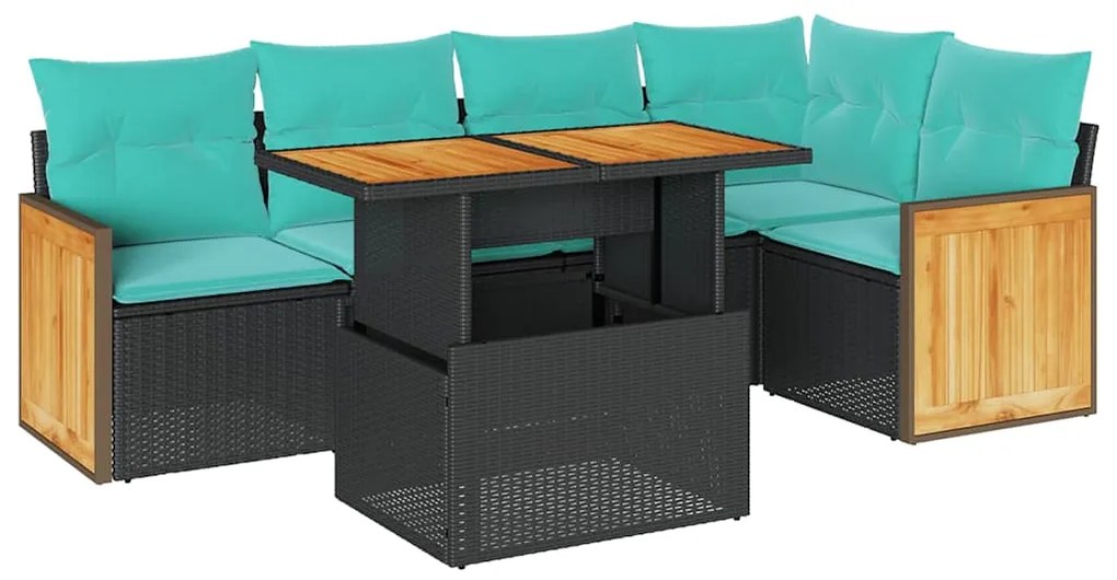 vidaXL Καναπές Κήπου 6 Τεμαχίων Μαύρο Συνθετικό Ρατάν Μαξιλάρια Ακακία