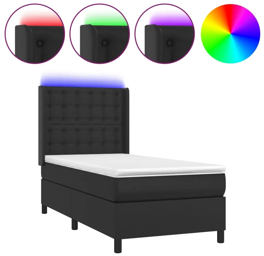 vidaXL Κρεβάτι Boxspring με Στρώμα & LED Μαύρο 80x200 εκ. Συνθ. Δέρμα