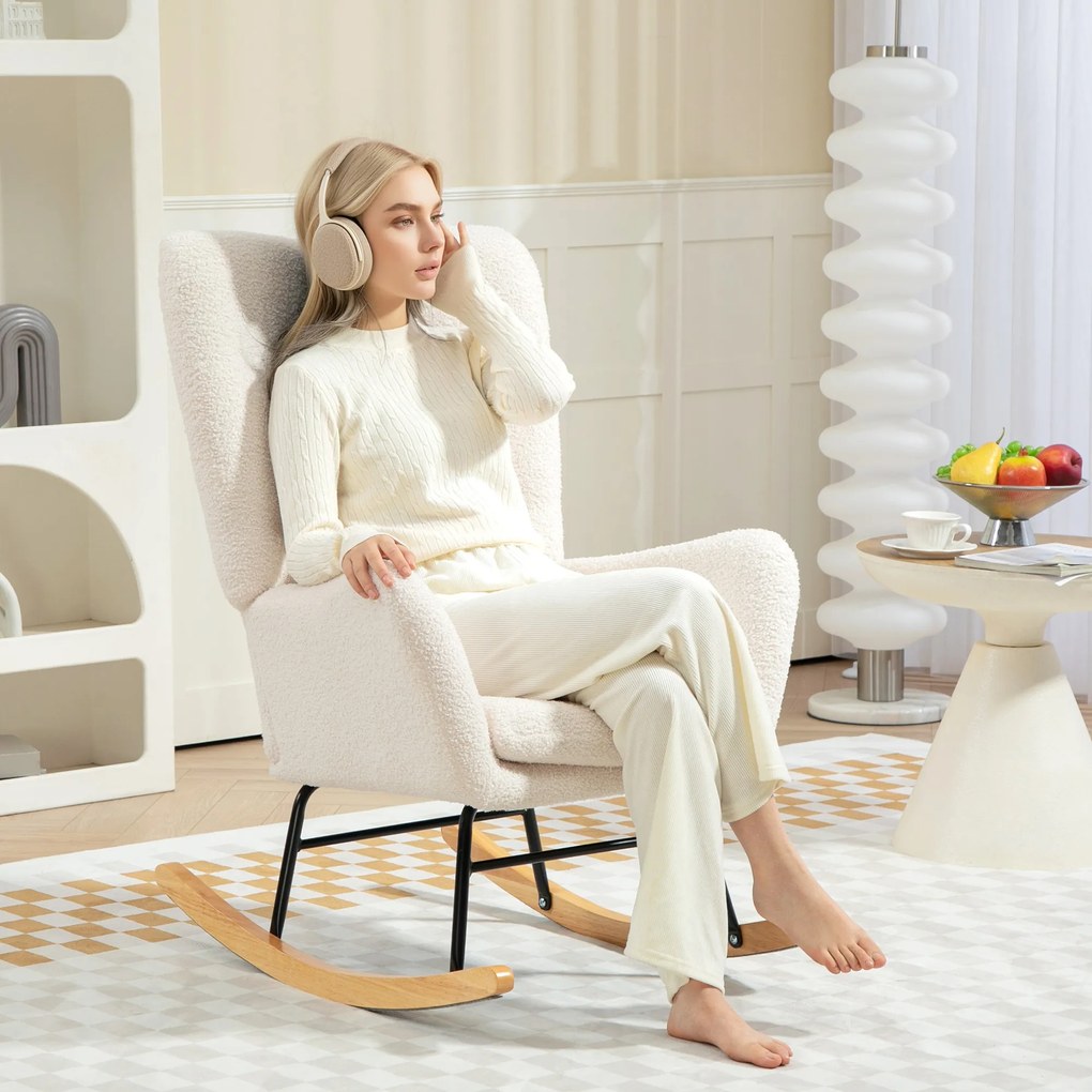 HOMCOM Πολυθρόνα λικνίσματος, ζεστό κάλυμμα, παχιά επένδυση, μαξιλάρι οσφυϊκής χώρας, αντιολισθητική, κρεμ λευκό