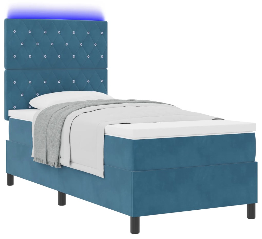 vidaXL κρεβάτι τύπου box spring με στρώμα και LED σκούρο μπλε 90x190 εκατοστά βελούδο