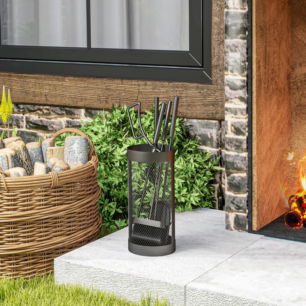 Σετ εργαλείων τζακιού, 5 τεμαχίων, σκούπα, φτυάρι, τανάλια, σκούπα και καλάθι, πυρίμαχο μέταλλο, Μαύρο