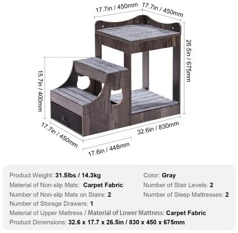VEVOR Pet Bunk Bed with Stairs Dog/Cat Window Perch with Storage Indoor Gray