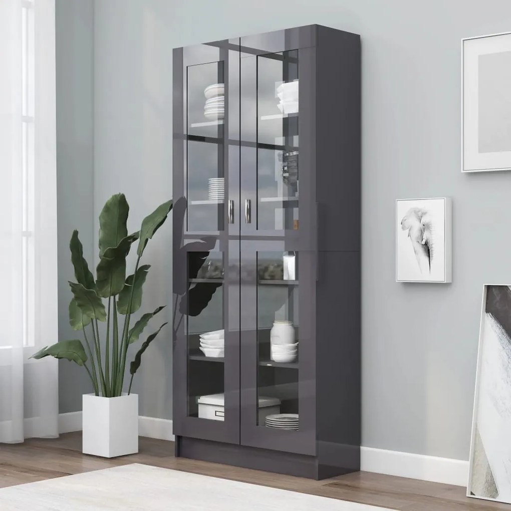 vidaXL Βιτρίνα Γυαλιστερό Γκρι 82,5 x 30,5 x 185,5 εκ. Μοριοσανίδα