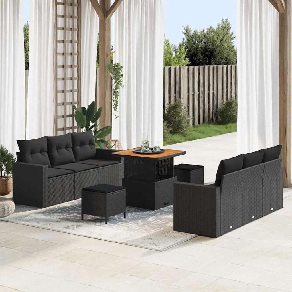 vidaXL Σετ Καναπέ Κήπου Ρυθμιζόμενο ύψος 9 pcs Μαύρο συνθετικό ρατάν
