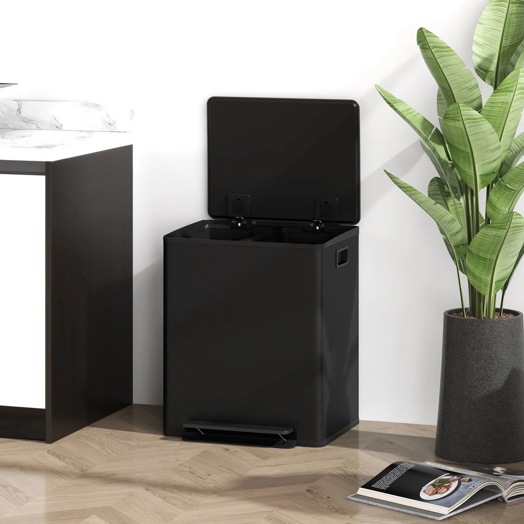 Κάδος απορριμμάτων HOMCOM με 2x25L διαμερίσματα, καπάκι Soft-Close, ανθεκτικό σε δακτυλικά αποτυπώματα, ανοξείδωτο ατσάλι, μαύρο