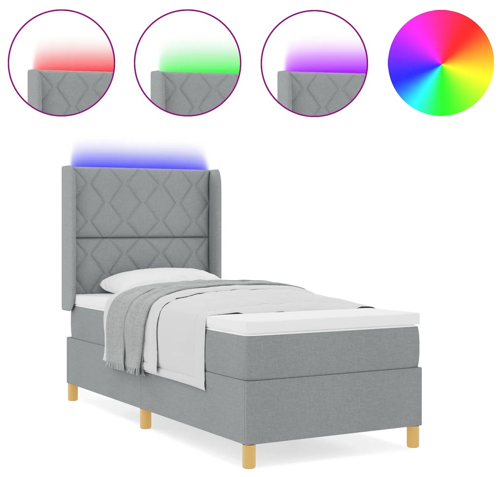 vidaXL Κρεβάτι Box Spring με Στρώμα & LED Φως Γκρι 90x190 cm Υφάσματος
