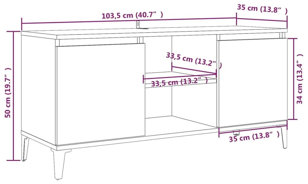 Έπιπλο Τηλεόρασης Καπνιστή Δρυς 103,5x35x50 εκ. με Μεταλ. Πόδια - Καφέ