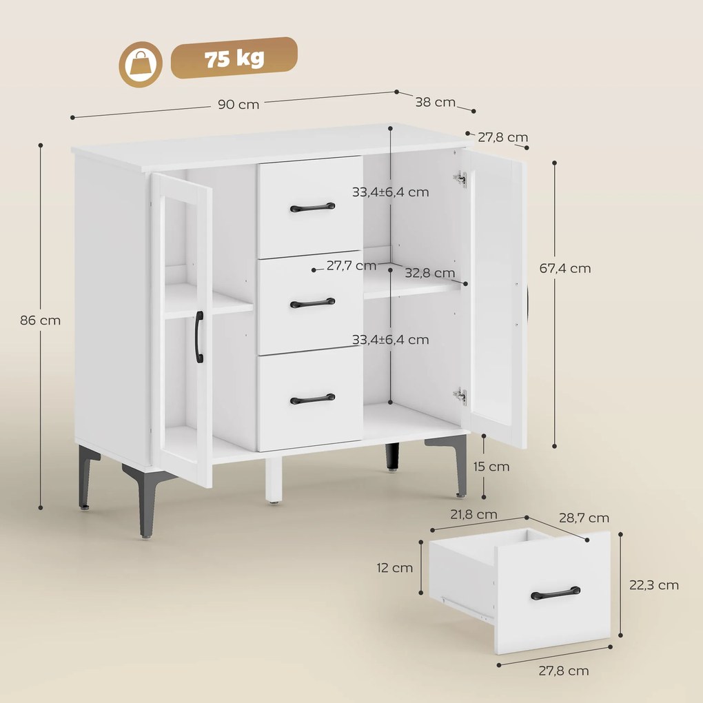 Μοντέρνο Sideboard με Soft-Close πόρτες, μπουφές με 3 συρτάρια, 2 γυάλινες πόρτες, ρυθμιζόμενα ράφια, MDF, λευκό