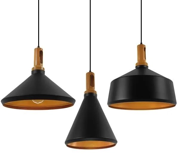 Φωτιστικά Οροφής Σετ 3τμχ Calypso 01334 Black &amp; Gold GloboStar Μέταλλο,Ξύλο