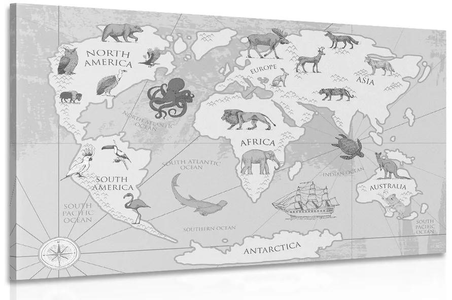 Εικόνα ασπρόμαυρο παγκόσμιο χάρτη με ζώα - 90x60